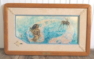 Kathy Morrow Original Clay Board Painting Tracks 1989 Framed Suede Mat Native De