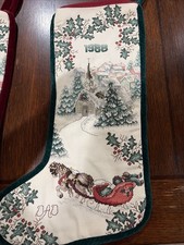 1988 2 HANDCRAFTED FINISHED COUNTED CROSS STICH "WINTER SCENE" STOCKING Mom/ Dad