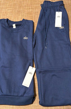 Alo Unisex. Blue 2-Piece Cotton Fleece Sweatsuit Set Crewneck Pants Medium