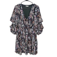 Boho Paisley Tiered Ruffle Sleeve Mini Dress XXL Black V Neck Flowy Feminine