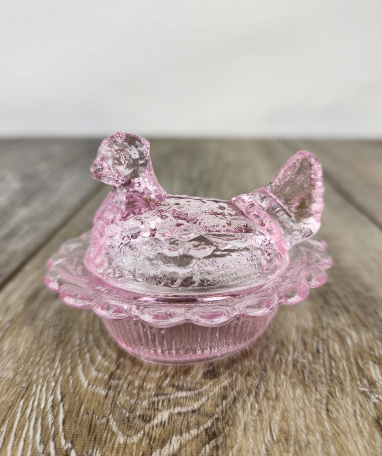 Rose Pink Glass Hen on Nest Salt Cellar with Ruffled Edge 3 Inch Mini Dish