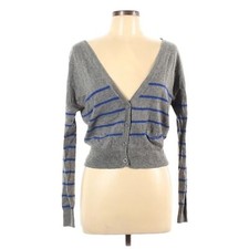 Vintage Y2K AEO American Eagle Cardigan Sweater L Gray Blue Striped Preppy Layer