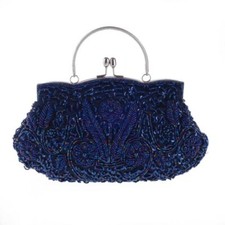 Women's Vintage Kiss Lock Beaded Sequin Design Flower Evening Clutch Purse -Blue