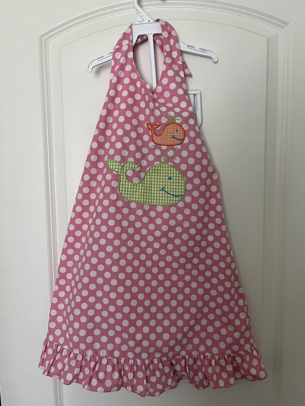 Anavini Pink and white Polka Dots size 5 halter dress with appliqué whales