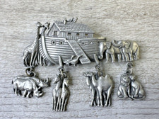 Vintage JJ Jonette Brooch Pin Pewter Noahs Ark Dangling Animals Pairs Charms