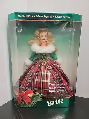 Happy Holidays Barbie Plaid Dress 1995 Mattel 15816 - Sealed NRFB w/ Dmg Box