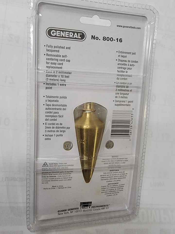 NIPackage General Plumb Bob No. 800-16 Solid Brass Hardened Steel 16 OZ - Image 2 of 2