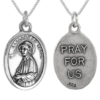 Sterling Silver St. Elizabeth Seton Medal Pendant / Charm, Italian Box Chain