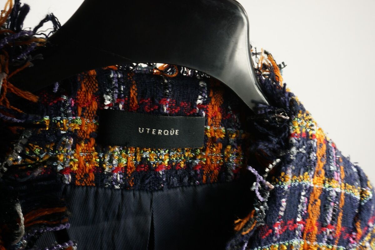 Uterque Women's Small Belted Lined Blue Orange Plaid Tweed Uterque Women's Small Belted Lined Blue Orange Plaid Tweed