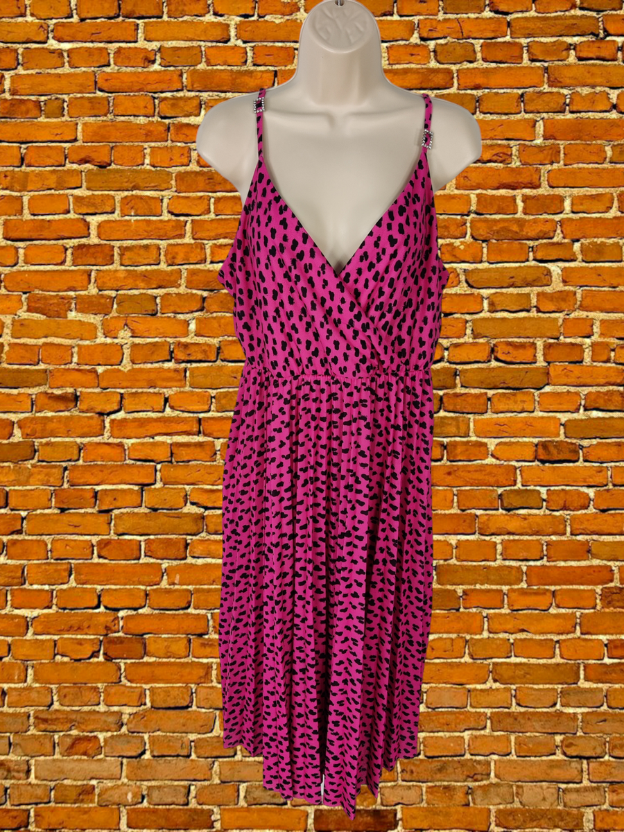 WOMENS RIVER ISLAND UK 16 PINK LEOPARD PRINT STRAPPY PARTY PLEATED FLARE  DRESS