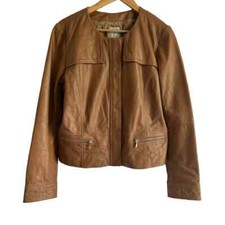 Halogen Size Large Moto Tan Genuine Leather Coat Jacket Gold Hardware
