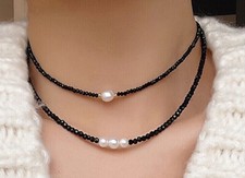 2 Rows Faceted 3mm Round Black Spinel White Freshwater Pearl Necklace 16"-18"