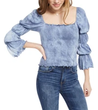 FREE SHIPPING NWT REWASH Tie dye smock lettuce edge long sleeve top Size M Blue