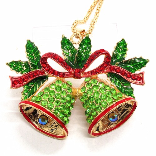 Hot Fashion Women Green Crystal Enamel Christmas Bell Pendant Chain Necklace - Picture 4 of 5