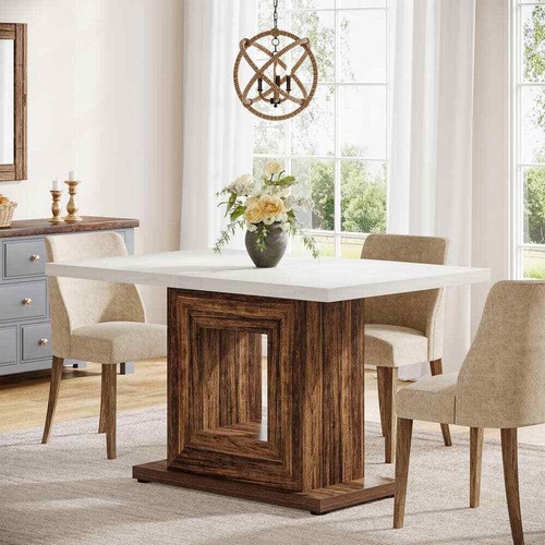 Farmhouse Brown Wood 47 in. Pedestal Dining Table Seats 4 for Kitchen/Dining - Picture 2 of 7