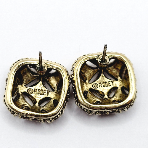 Monet Red Rhinestone Ornate Gold Tone Square Professional Pierced Style Earrings - Picture 19 of 21
