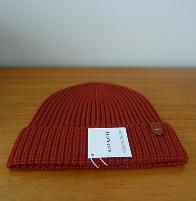COACH EMBOSSED RIB KNIT MERINO WOOL HAT BEANIE IN TERRACOTA 