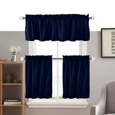 3 Pieces Window Curtain Tiers and Valance Set- 100% Cotton Half Short Navy Blue