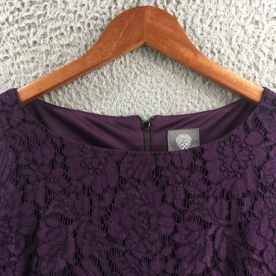 Vestido de cóctel Vince Camuto para mujer 4 púrpura encaje manga larga cuello barco informal Foto 3 de 4