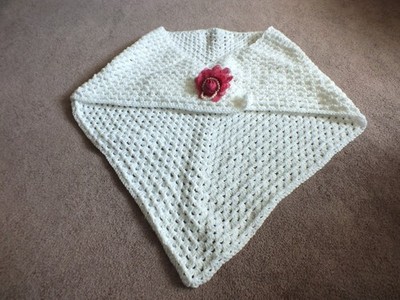 Beautiful Crochet Handmade Prayer Shawl white  Handmade flower pin 54x30'' NEW