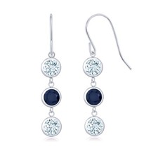 925 Sterling Silver Aquamarine and Sapphire 3 Stone French Wire Dangle Earrings