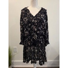 Zara Women's Size Medium Black Floral 3/4 Sleeve Tassel Mini Dress