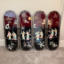 4 Asian Black Lacquer Mother of Pearl Wall Panels Art Asian Geisha Women *