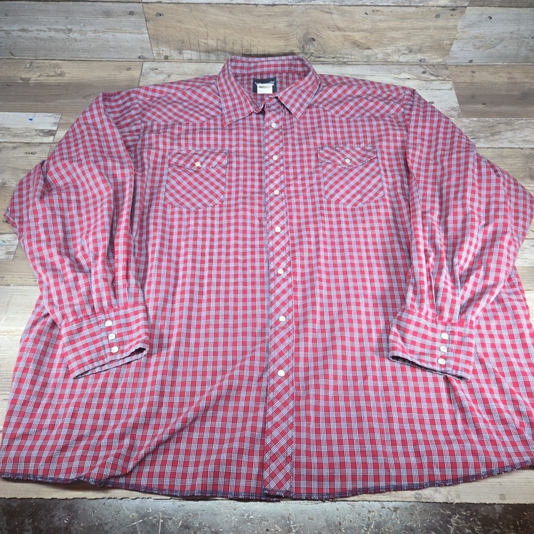 Wrangler Mens 4XT Western Pearl Snap Shirt Red Plaid Cotton Blend with Pockets