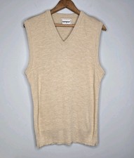 Vintage Campus Sweater Vest Mens Orlon Cream Beige V Neck Pullover 70s Style Med