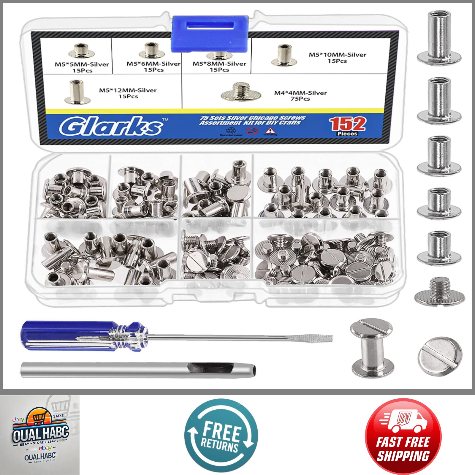 ​150 Sets Black Chicago Screws Assorted Kit M5 x 5mm-20mm for Leather