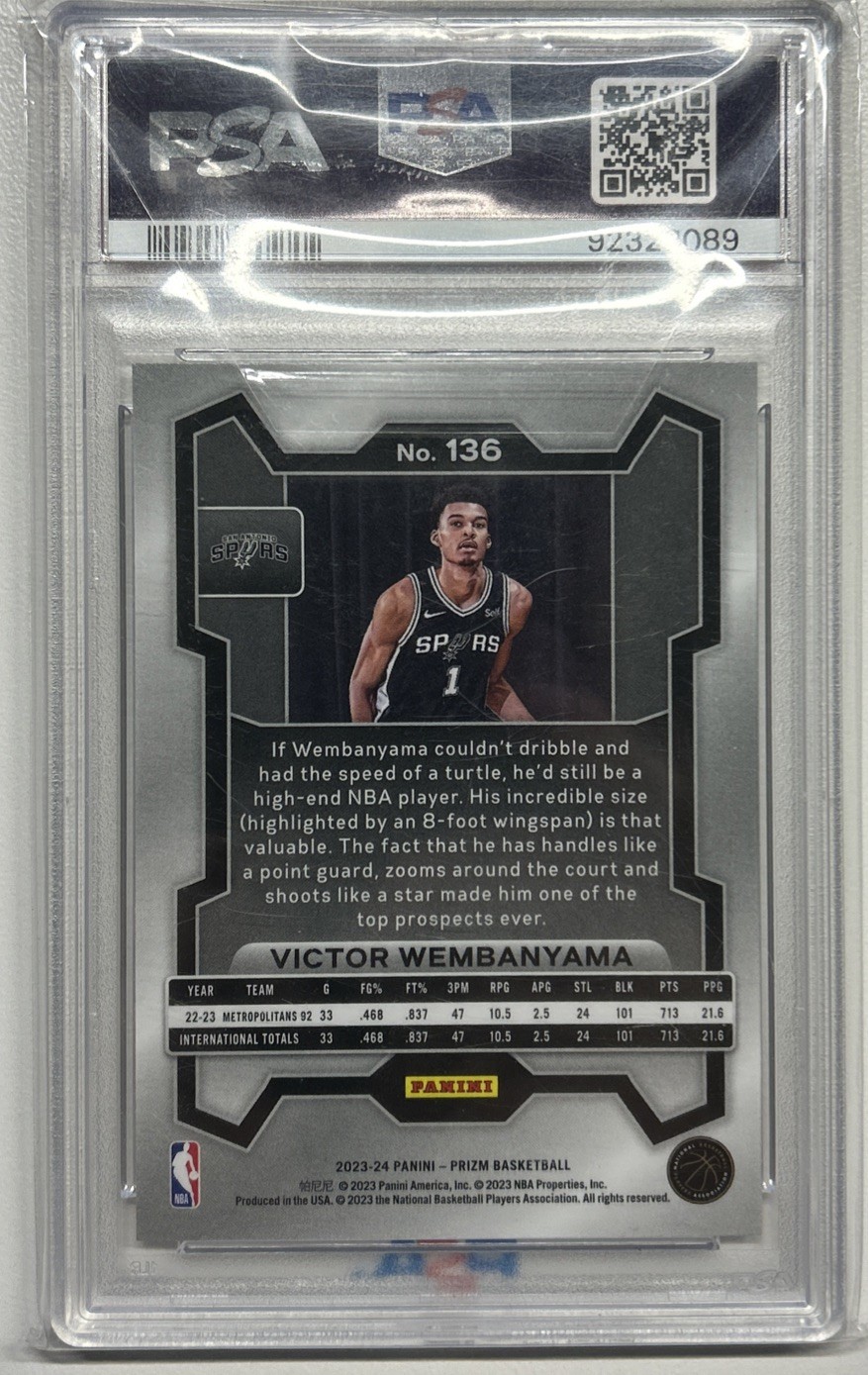 Victor Wembanyama 2023 Prizm Base Rookie PSA 10 #136 Spurs Wemby RC view 2
