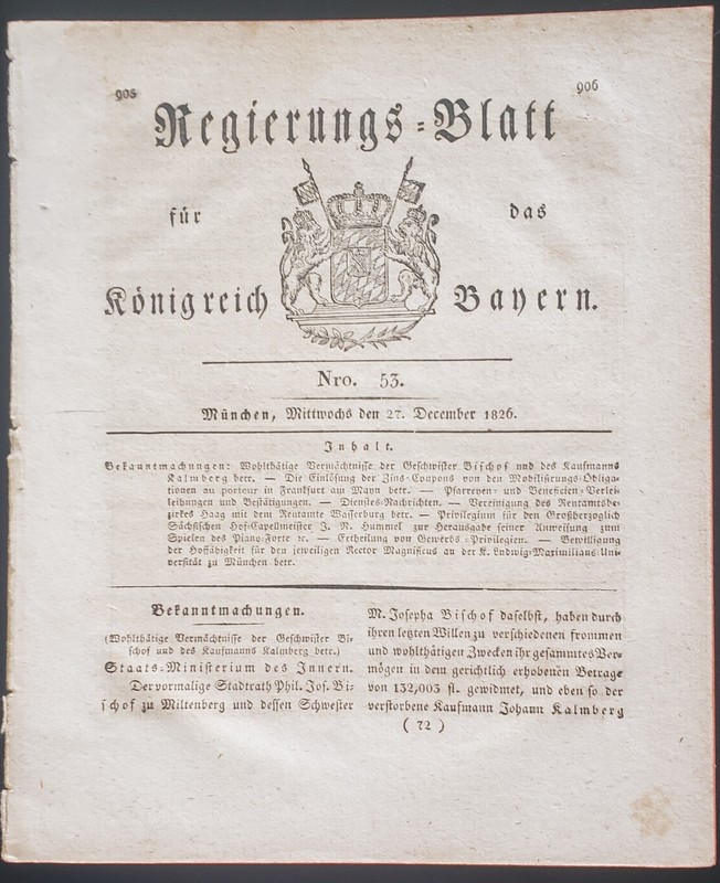 1826 Regierings-Blatt, No 53 Dec. 27, Gov. Pamphlet, the Kingdom of Wurttemberg