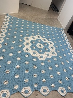 Vintage Handmade In Italy Blue and White Crochet Hexagon Pattern Blanket