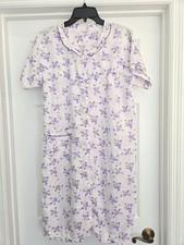 Vintage NINE'S Floral SS Button Nightgown White Purple Housecoat M Grandma