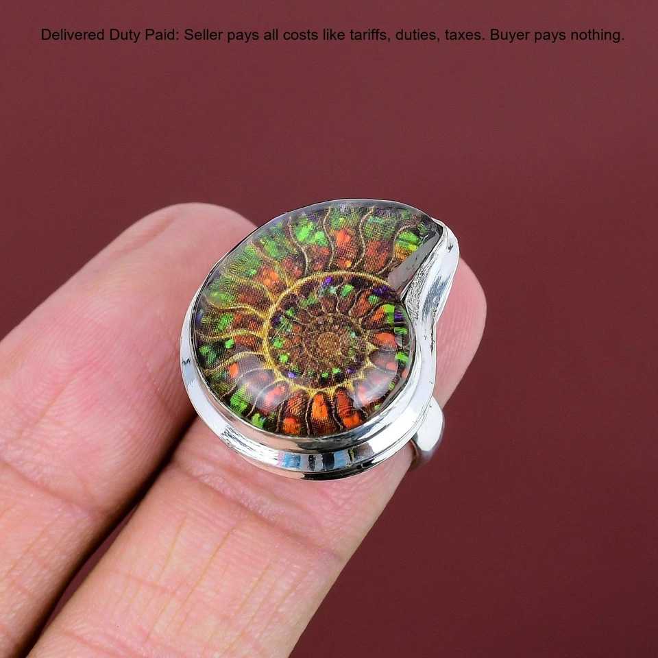 Nova joia anel promessa prata esterlina 925 amolita natural em fóssil de amonita - Imagem 3 de 4