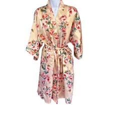 Vintage Floral Satin Robe Coquette Cottagecore Rose Kimono Wrap Medium Victorian