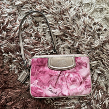Coach Pink Beige Floral Wristlet Bag Zipper Logo Silver Hardware Wrist Strap
