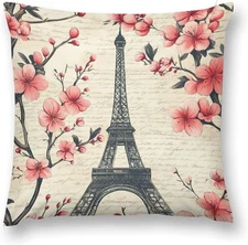 Paris Eiffel Tower and Cherry Blossom Vintage Decorative Throw Pillow Covers 18x
