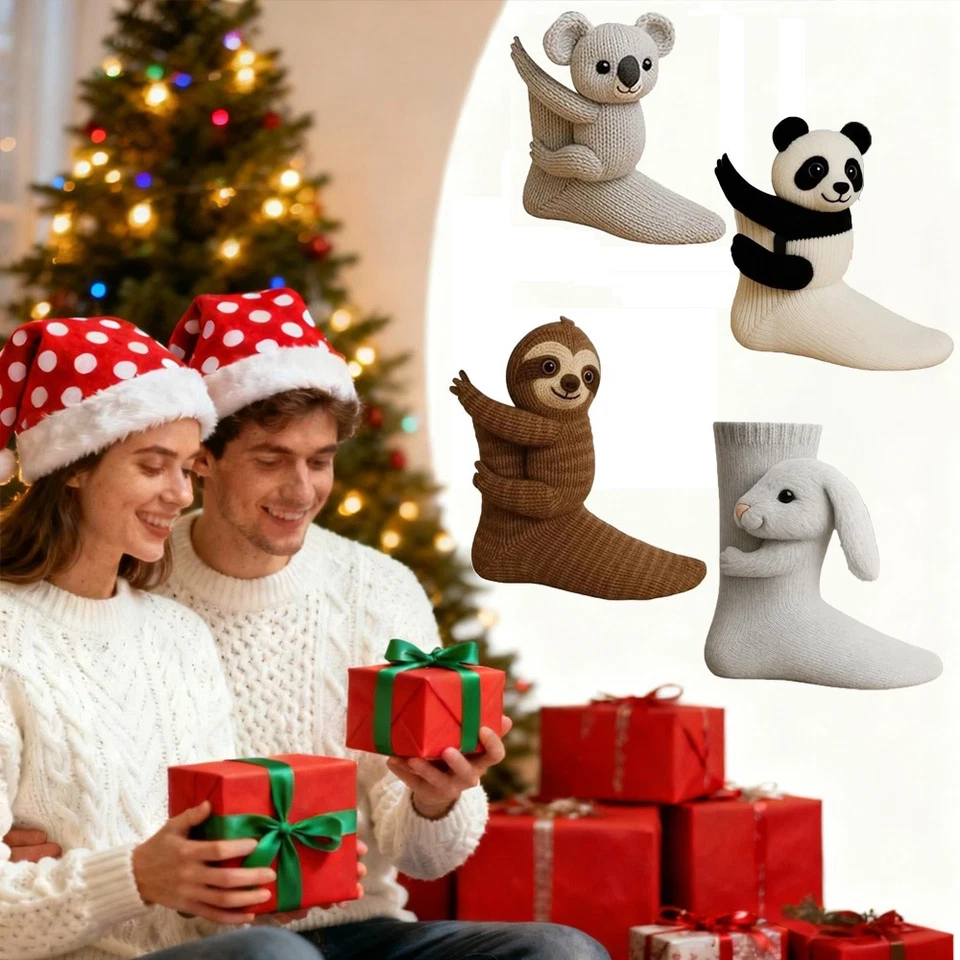 Calcetines antideslizantes de piso de punto de Navidad para adultos con lindo animal de dibujos animados en 3D Foto 2 de 4