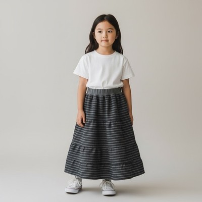 Skirt Canvas Girls 3/4 Maxi Gray Striped Ruffle Tiered Cotton Mom and Pop's Kids