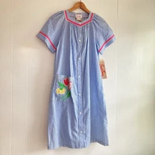 VTG House Dress Deadstock Embroidered Seersucker Stripe Smart Time Made USA 40"