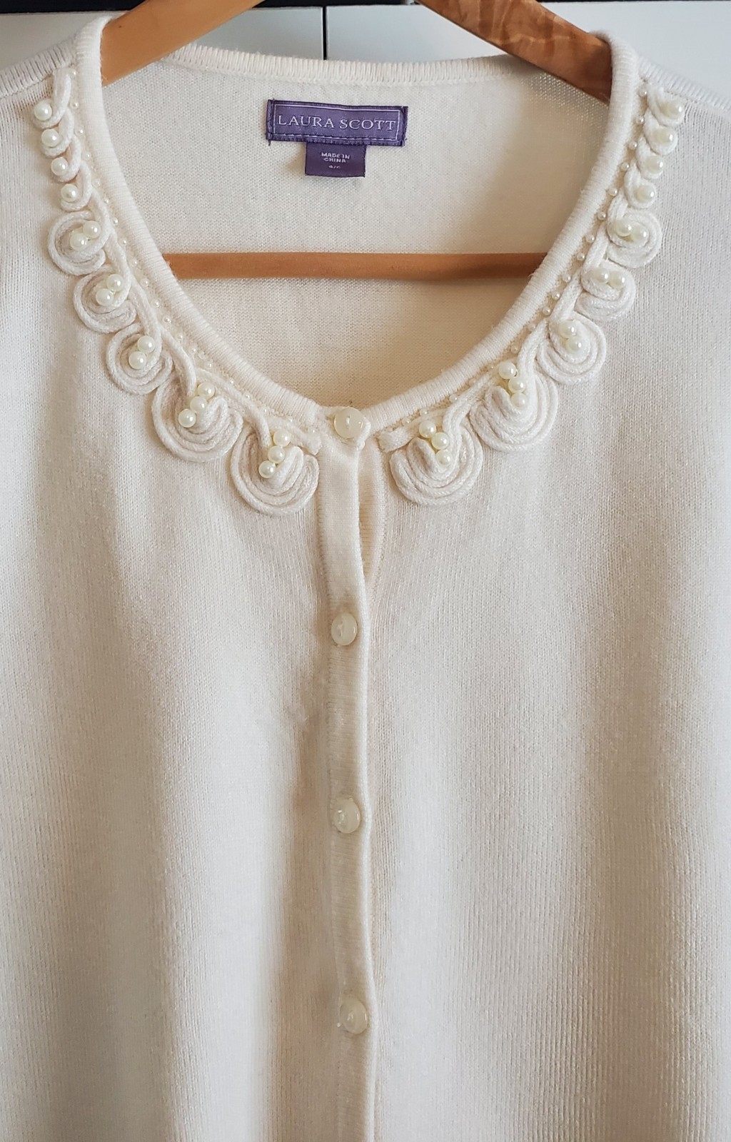Womens Laura Scott Off White Rosette And Pearl Neck Button Down Cardigan Small thumbnail 2
