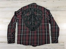 Affliction Shirt Mens Medium Plaid Embroidered Spades Iron Cross Button Up
