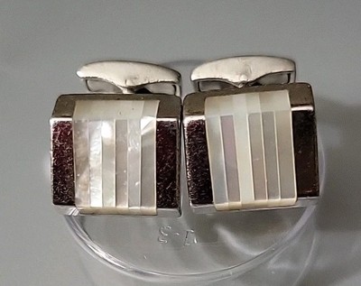 Tateossian Sterling Silver 925 Cufflinks WHITE STRIPE MOSAIC  MOP RHODIUM PLATED