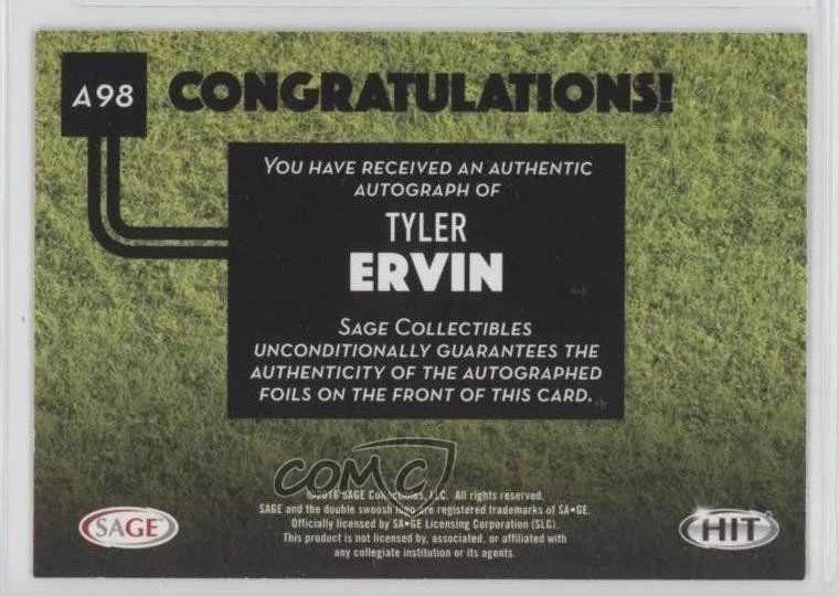 2016 SAGE Hit Auto Gold /250 Tyler Ervin #A98 Rookie Auto RC - Image 2 of 2