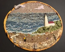 Vtg Shell Mixed Media Artwork Nautical Beach Lighthouse Wool Yarn Sand Shell 80s