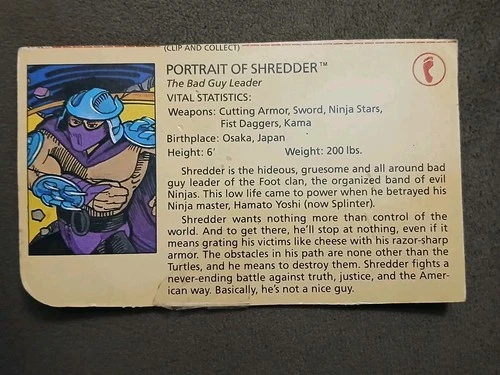 Teenage Mutant Ninja Turtles Shredder File Card Back TMNT Portrait Original 1988