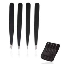 4Pc Black Stainless Steel Tweezers Set Eyebrow Facial Hair Plucker With Case