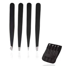 4-Piece Black Tweezers Set – Professional Stainless Steel Eyebrow Pluckers with