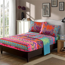 Boho Sheets Set Queen Size 4Pcs Bohemian Colorful Tribal Bedding Sheets Set 14'